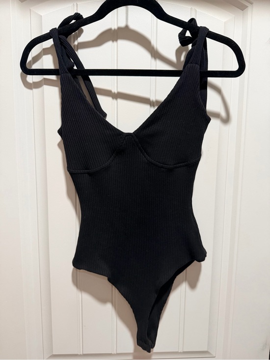 Luvalot Tops - Black Ribbed Tie-Shoulder Bodysuit - Women